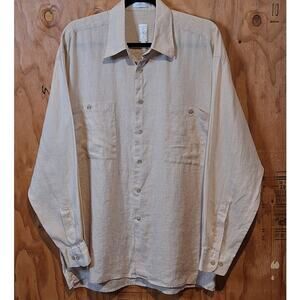 Burma Bibas Shirt Men's Medium Cream Beige 100% Linen Minimalist Neutral Summer